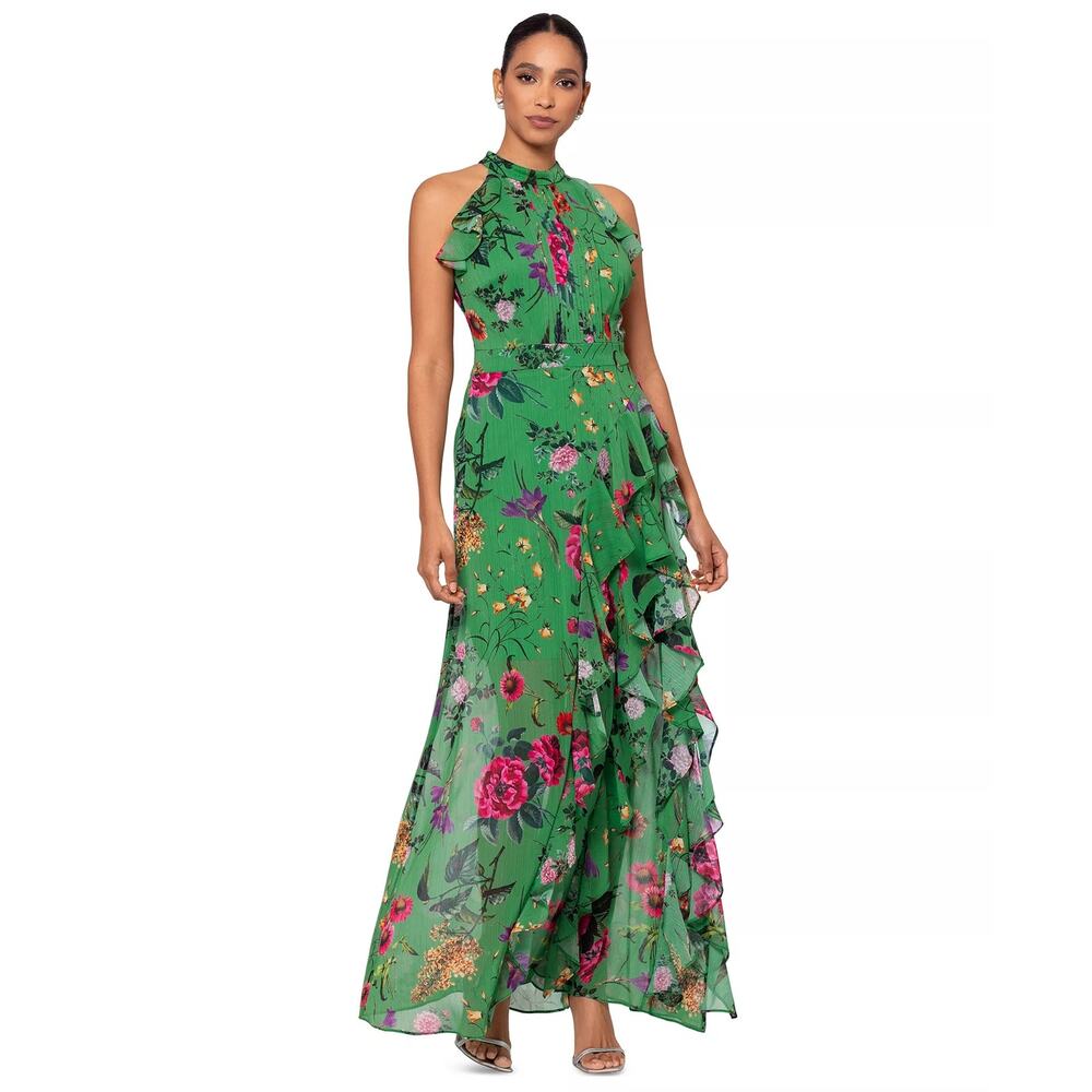 Betsy & Adam Women's Printed Cascade Ruffle Gown Green Multicolor Size 4 NWT